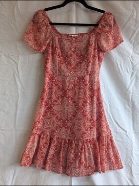 Women's Red Printed Ruffle-Hem Short Dress